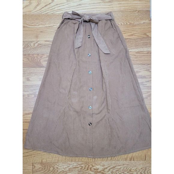 Button Down Self Tie Maxi Skirt, Camel Tan Brown, size small - Picture 6 of 8